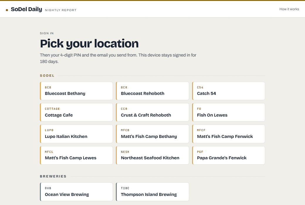 The sign-in screen, with every location grouped by brand.